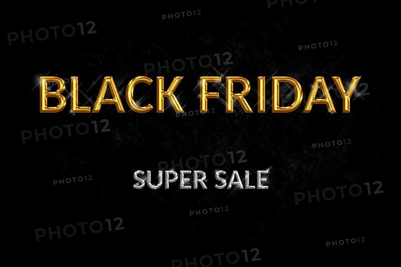 Black Friday Super Sale. Luxury dark textured background silver and golden text lettering. Horizontal banner