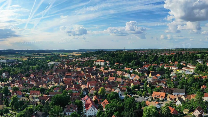 Aerial view of Feuchtwangen with a view of the historic centre of the old town. Feuchtwangen
