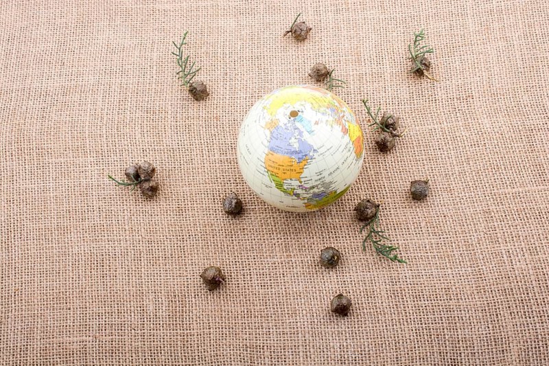 Globe is placed on canvas with cones around