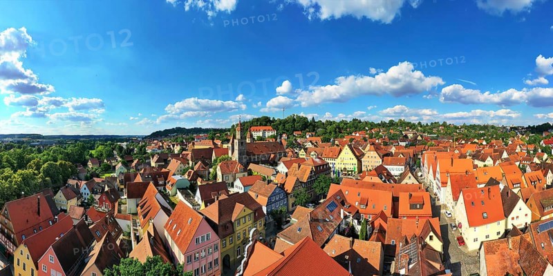 Aerial view of Feuchtwangen with a view of the historic centre of the old town. Feuchtwangen