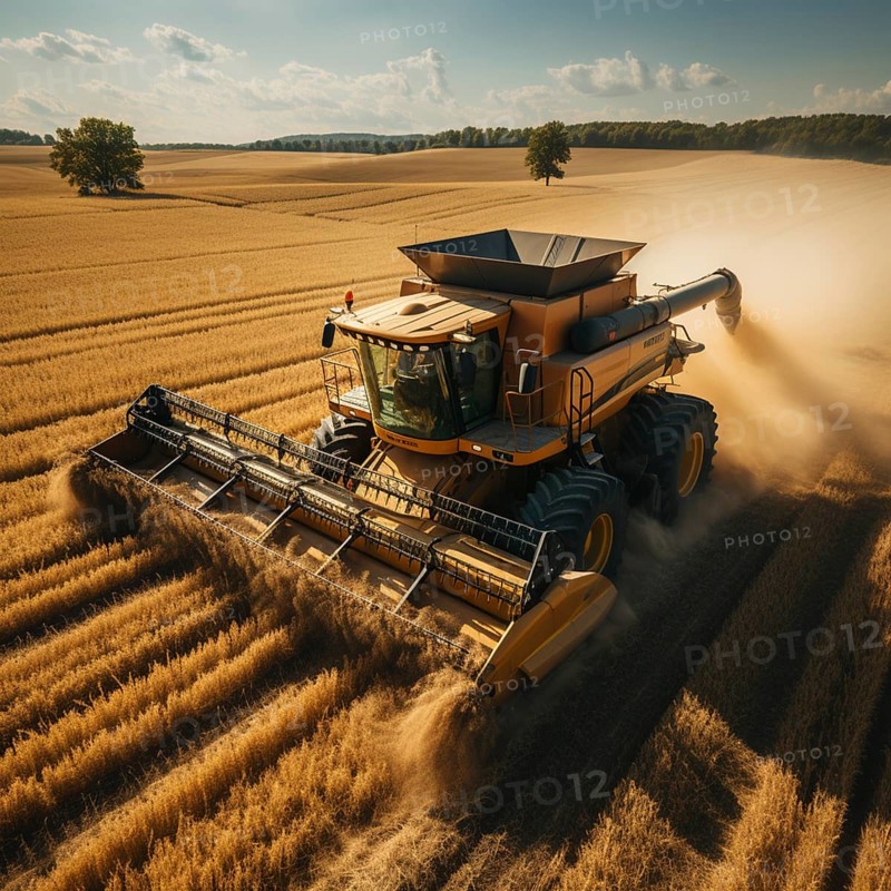 A combine harvester cuts the grain in a field