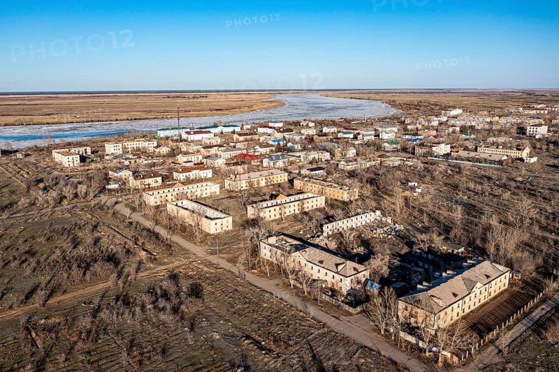 Aerial of collapsed buildings in Kurchatov