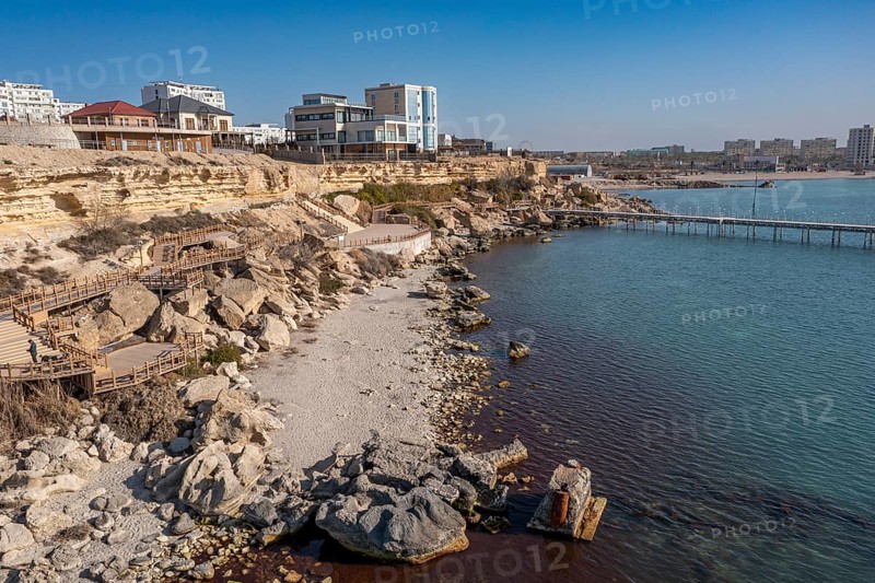 Aerial of the sandstone cliffs and promenade in Aktau