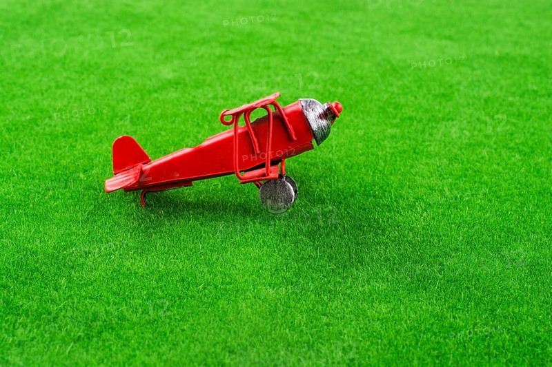 Red little retro model airplane in green grass