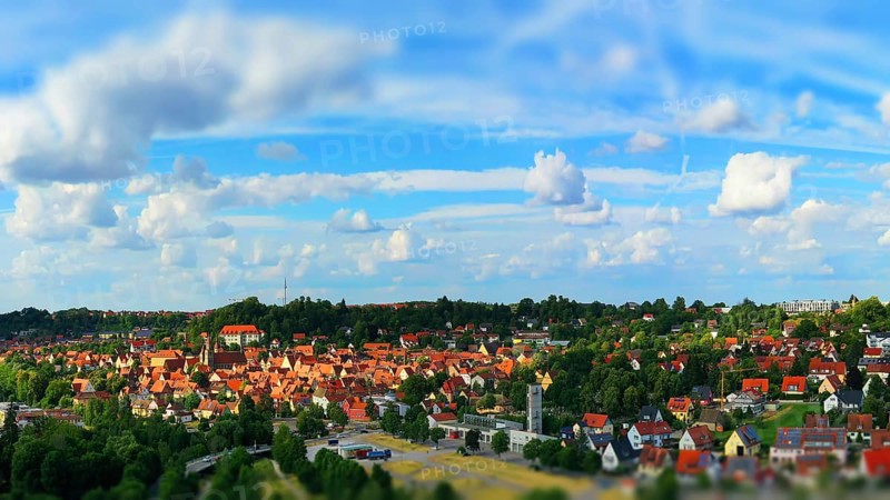 Aerial view of Feuchtwangen with a view of the historic centre of the old town. Feuchtwangen