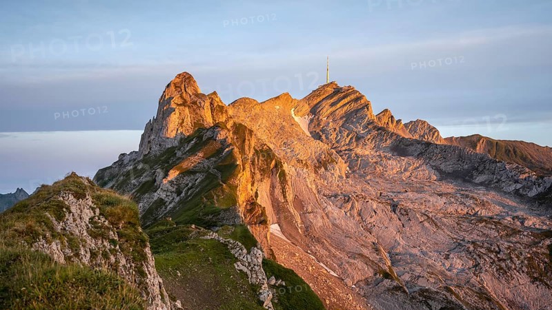 View of the summit of Saentis and Lisengrat at sunrise