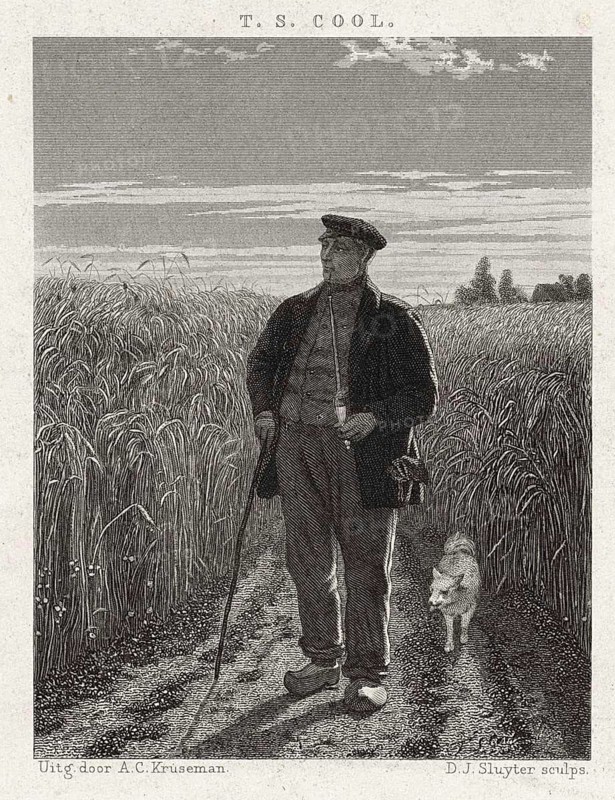 Farmer with a pipe and wooden shoes in a grain field