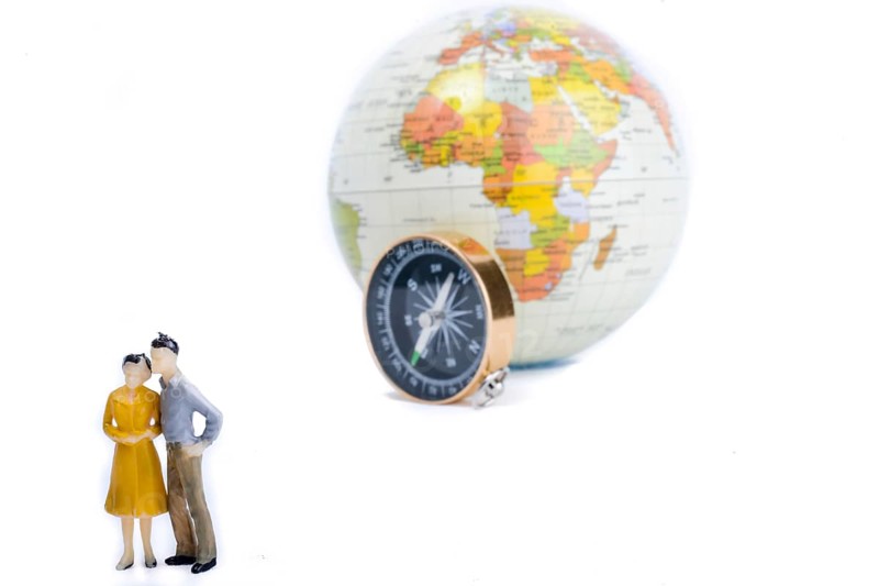 A couple by the side of a globe with a compass on isolated white background