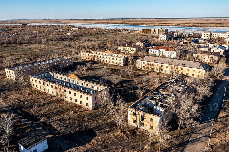 Aerial of collapsed buildings in Kurchatov