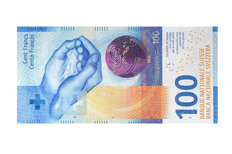 One hundred swiss franc banknote on a white background