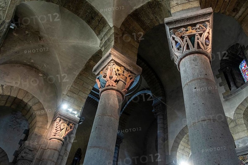 La Bourboule. Capitals of St Joseph church sculpted in 1941 by Henri Charlier. Puy de Dome department. Auvergne Volcanoes Natural Regional Park