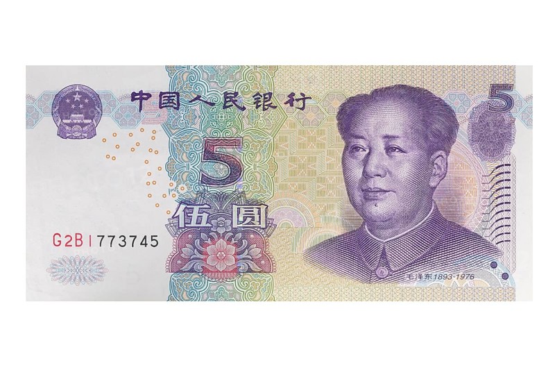 Five Yuan banknote on a white background