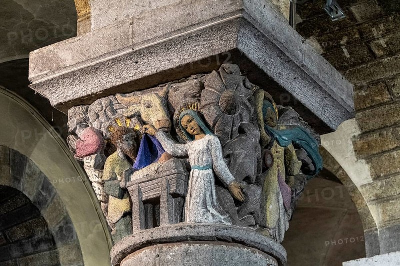 La Bourboule. Capitals of St Joseph church sculpted in 1941 by Henri Charlier. Puy de Dome department. Auvergne Volcanoes Natural Regional Park