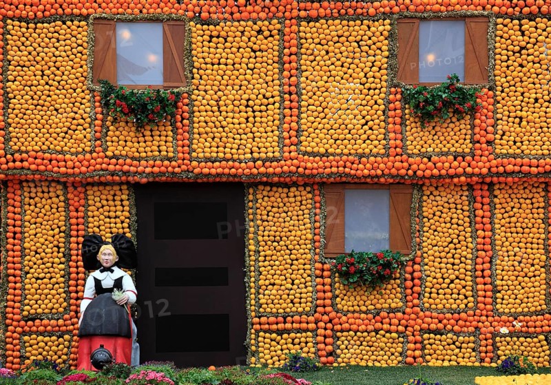 Replica of a half-timbered house made of lemons and oranges