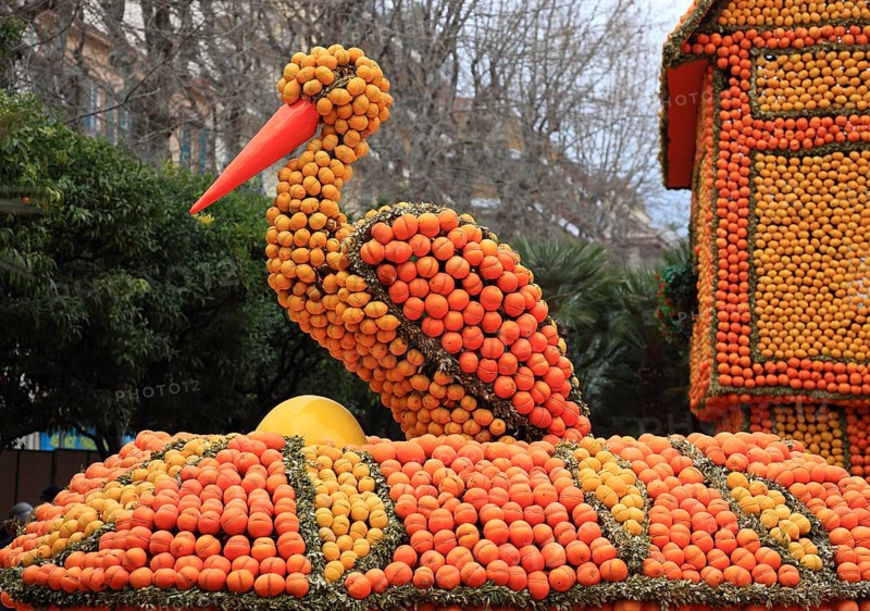 Replica of a stork with lemons and oranges in the Bioves Gardens