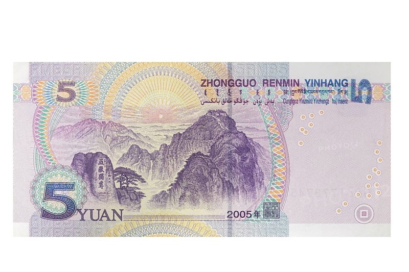 Five Yuan banknote on a white background