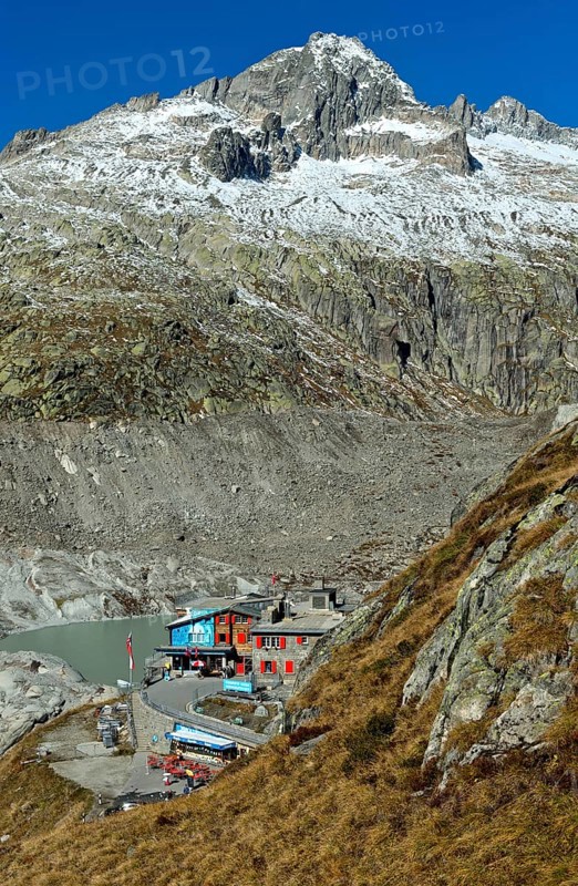 At the entrance to the ice grotto in the Rhone glacier