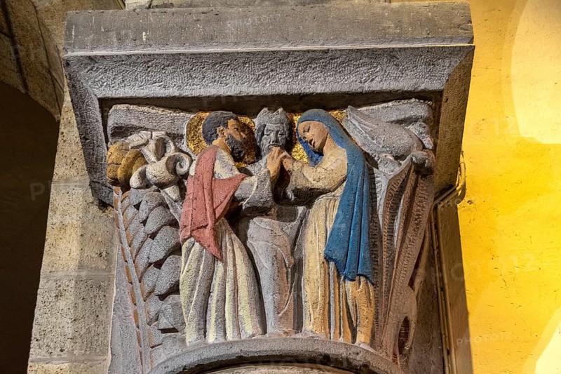 La Bourboule. Capitals of St Joseph church sculpted in 1941 by Henri Charlier. Puy de Dome department. Auvergne Volcanoes Natural Regional Park