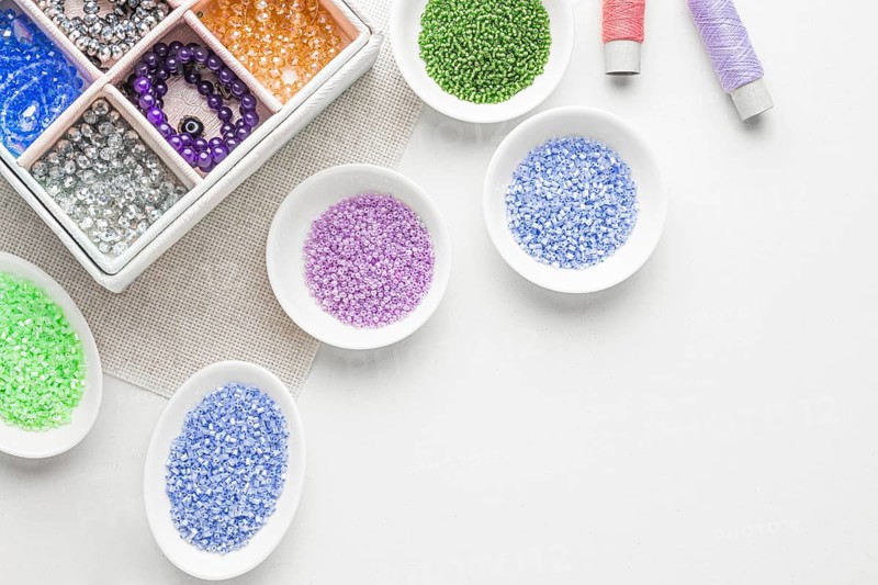 Top view bead working essentials with copy space