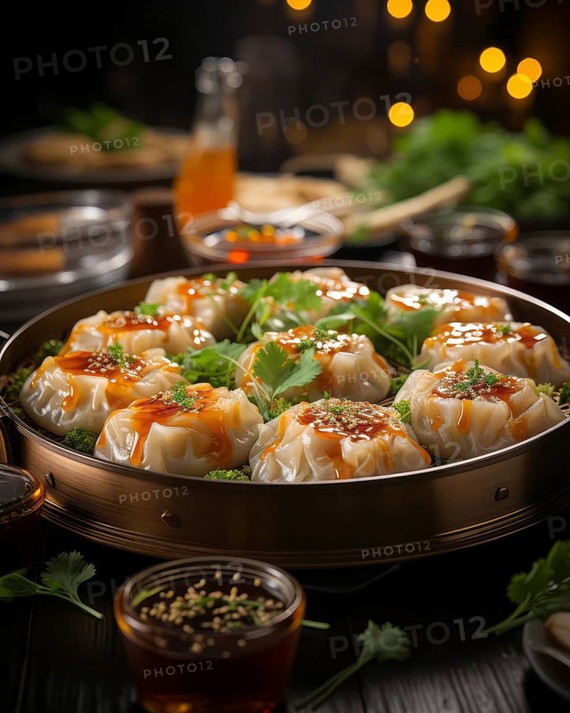 Plate of delicately prepared Chinese dim sum noodle pockets