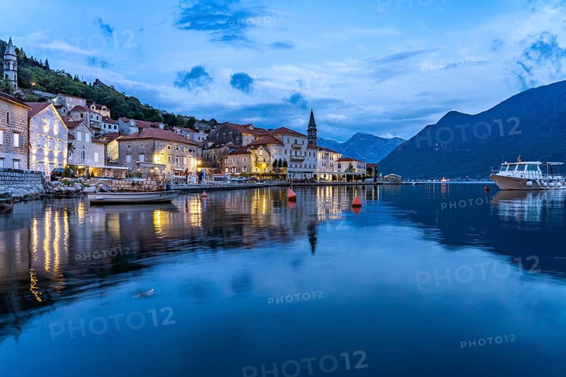 Perast with the Sveti Nikola Church on the Bay of Kotor at dusk