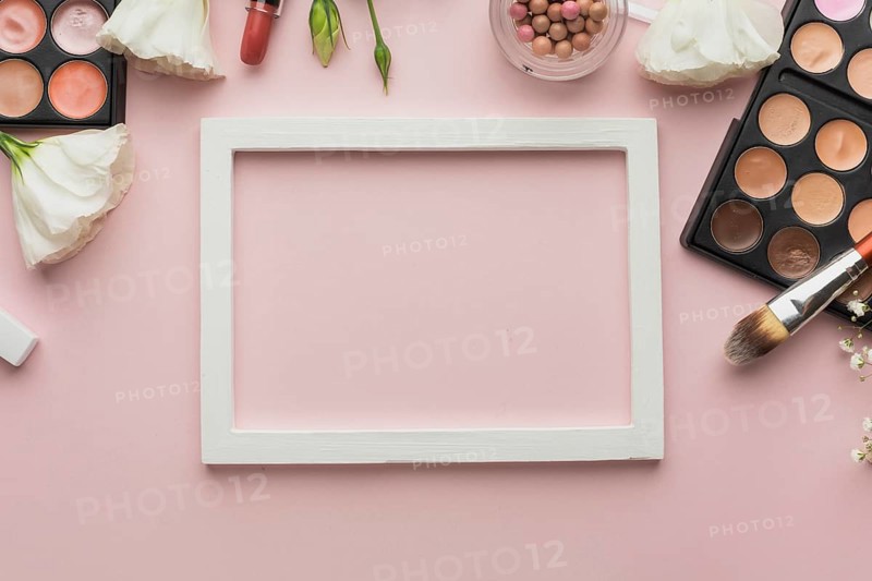 Flat lay assortment make up products frame