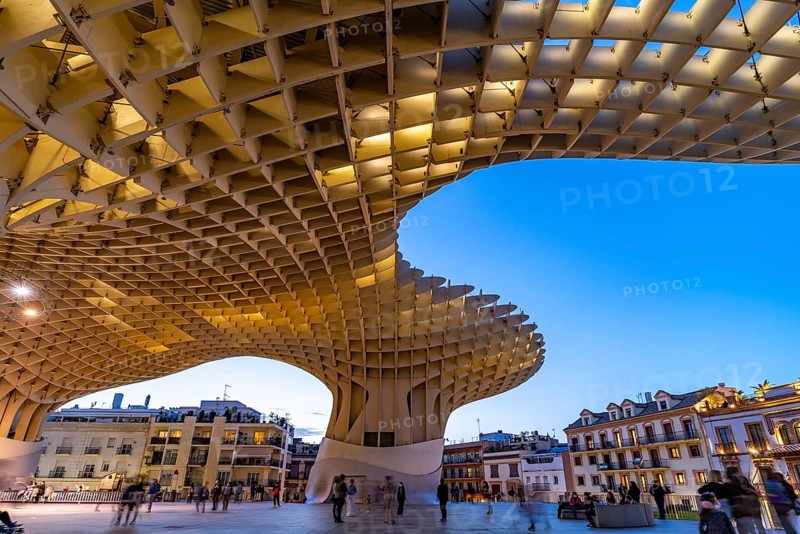 The futuristic wooden construction and observation deck Metropol Parasol at the Plaza de la Encarnacion at dusk