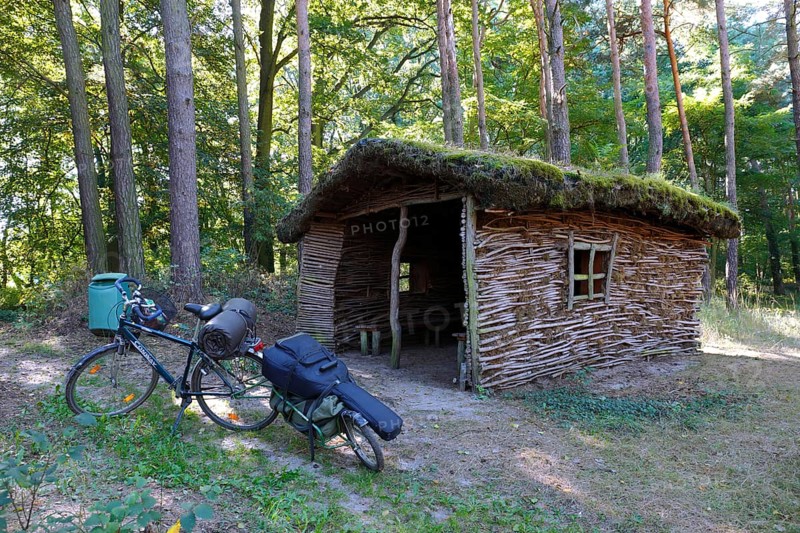 Rest hut made of natural materials in the forest