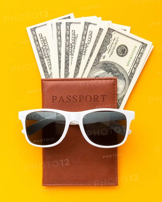 Top view passport sunglasses