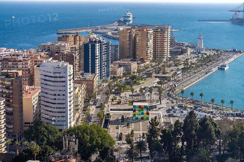 Skyscrapers and harbour promenade Muelle Uno with the Pompidou Museum seen from above
