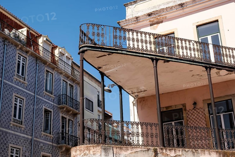 Wrought iron balcony on a house in the old town of Lisbon