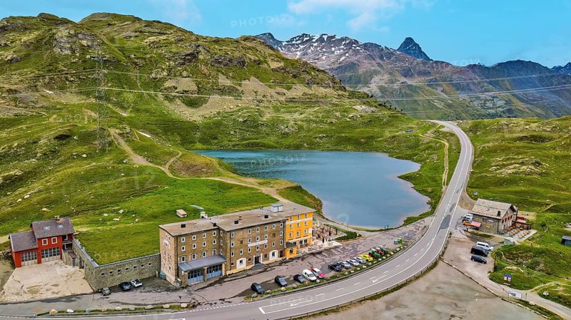 Aerial view bird's eye view of mountain lake at mountain pass alpine mountain road alpine road pass road Bernina Pass Bernina Pass