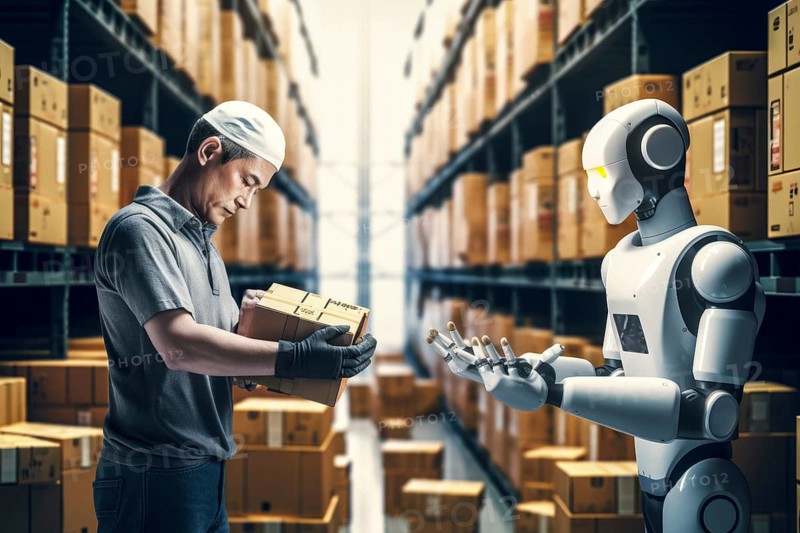 AI controlled robots in a parcel warehouse with warehouse worker