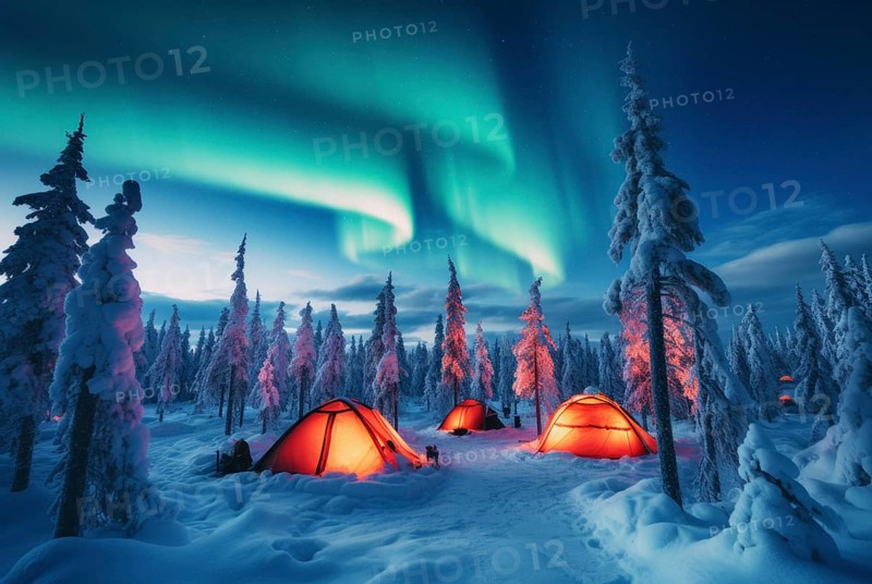 Small tent settlement lit from the inside in vast arctic wilderness in winter