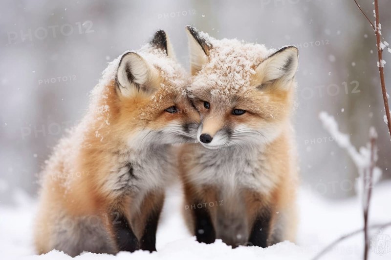 Two Arctic fox cubs with soft fur cuddle up to each other in Arctic winter landscape during snowfall