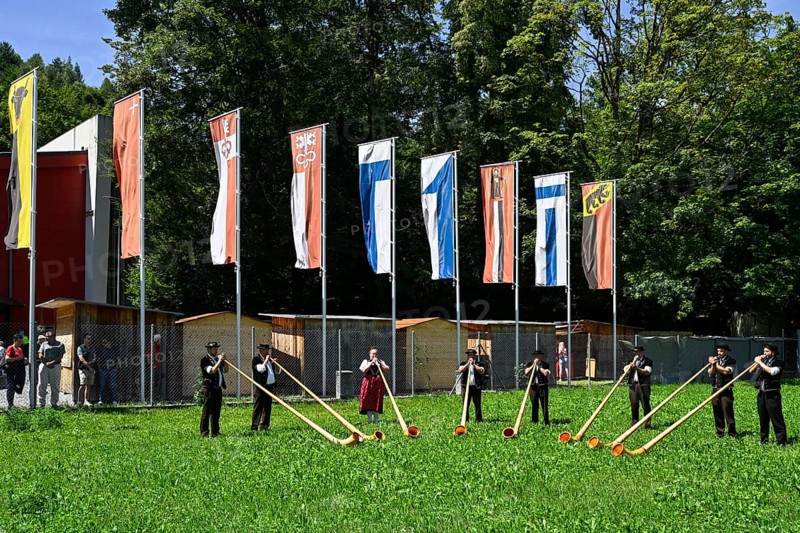 Alphorn blowers and cantonal flags