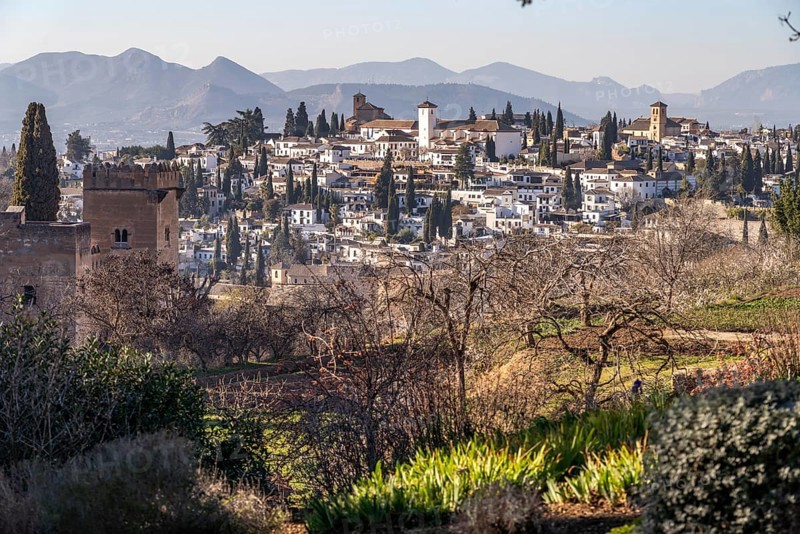 View from the castle complex of the Alhambra to the former Moorish residential quarter Albaicin in Granada