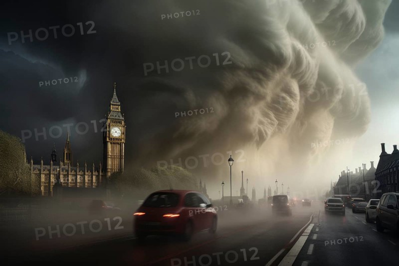 A devastating tornado rages over a major city