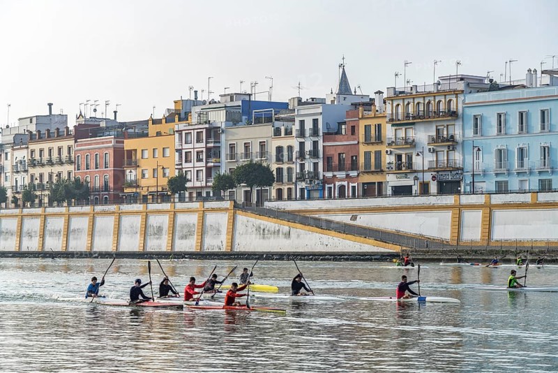 Kayaks on the Guadalquivir River in front of the Triana neighbourhood
