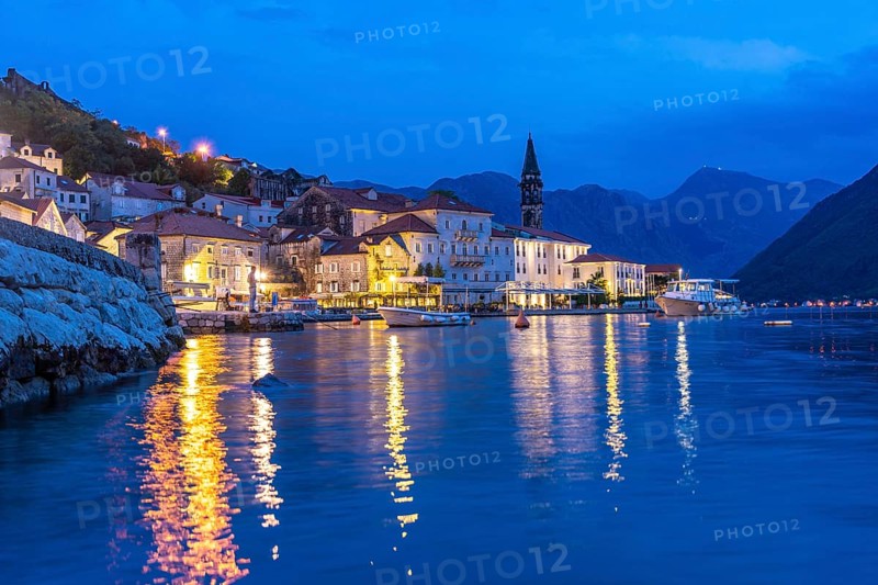 Perast with the Sveti Nikola Church on the Bay of Kotor at dusk