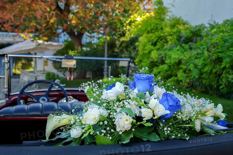 Antique Vintage Wedding Car Decorated with Flowers prepared to take the bride and groom to the church