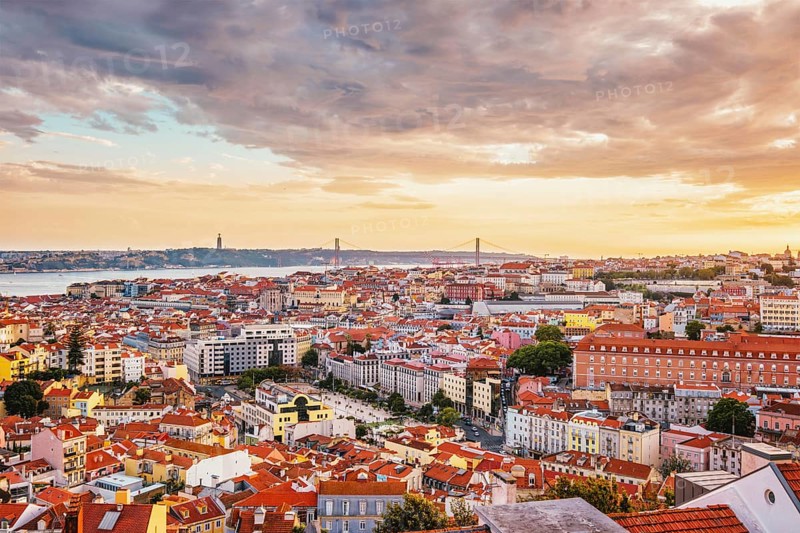 View of Lisbon famous view from Miradouro da Senhora do Monte tourist viewpoint of Alfama and Mauraria old city district