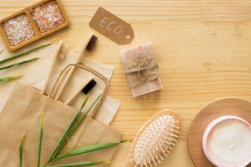 Bamboo toothbrushes soap top view