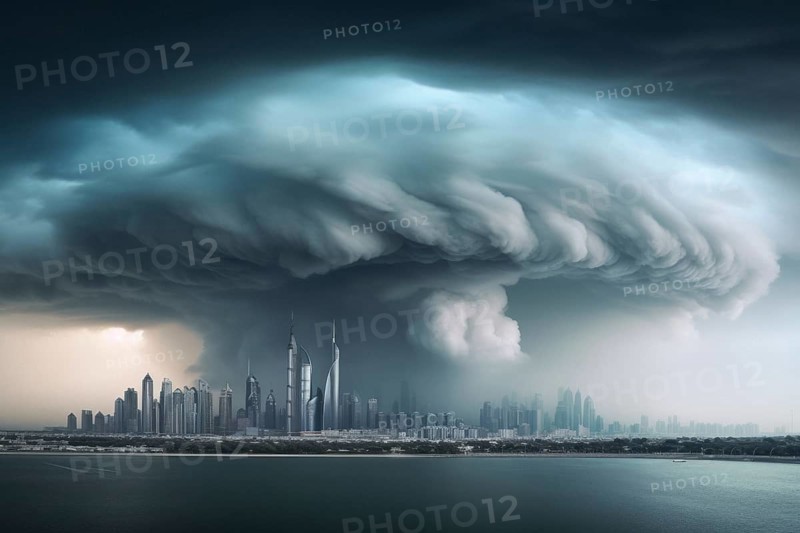 A devastating tornado rages over a major city