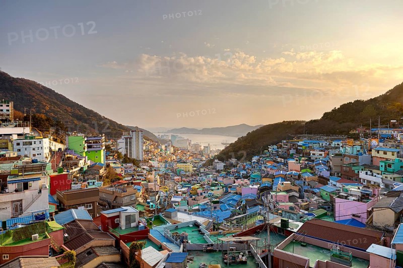 Colourful houses and bay in the evening light