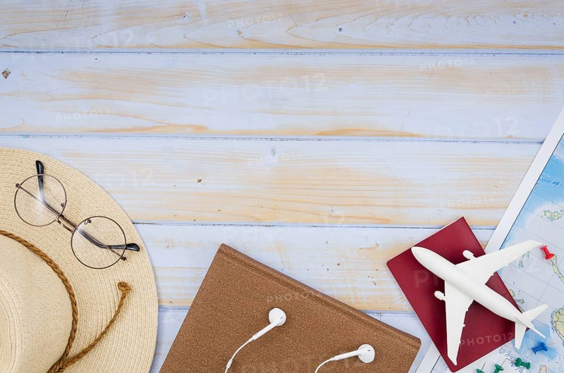 Flat lay travel accessories with copy space