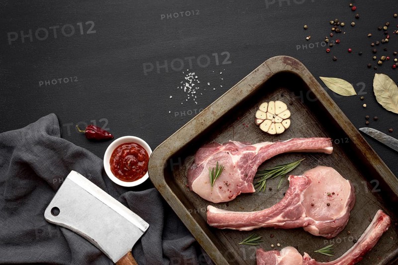 Raw meat prepared cooking baking pan