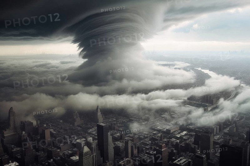 A devastating tornado rages over a major city