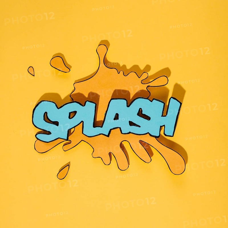 Blue splash text blot against yellow background