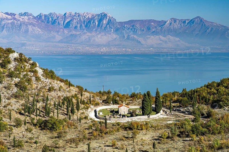 View of a chapel and cemetery at Lake Scutari